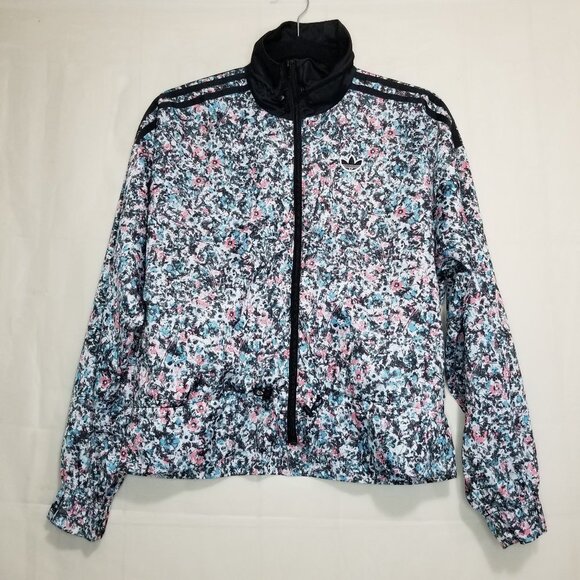 Adidas trefoil floral track jacket multi size XS full zip satin-silky fabric - Picture 1 of 14